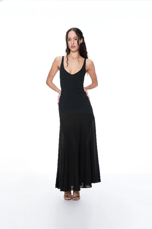 Balloon-Sleeve Maxi Dresses -RITMO DI PERLA BLACK RUCHED MAXI DRESS