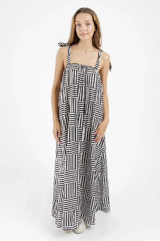 Maxi Dresses for Sunset Dates -Bowie Black White Print Tie Shoulder Maxi Dress