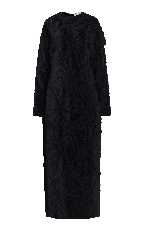 Pleated-Front Maxi Dresses -Brighting Maxi Dress in Black Silk Virgin Wool Jacquard