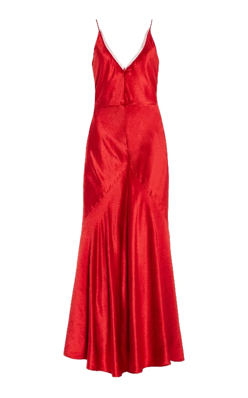 V-Back Maxi Dresses -Brigita Slip Maxi Dress in Scarlet Red Silk Velvet