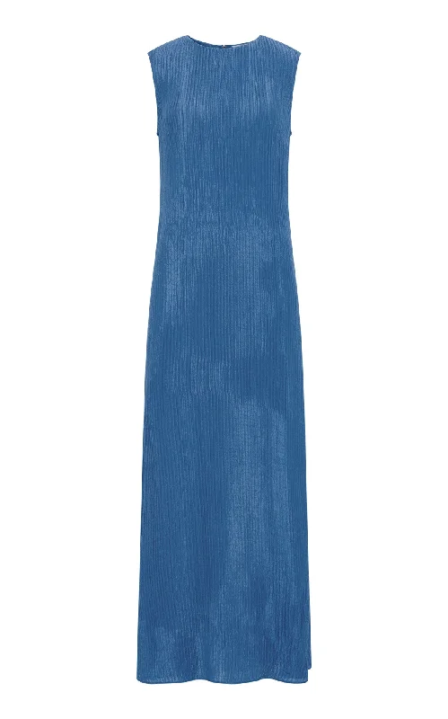 Drawstring Maxi Dresses -Carling Maxi Dress in Sky Plisse Silk