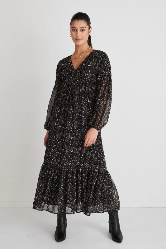 Cool-Wool Maxi Dresses -Chelsea Black Garden Ls Button Front Waisted Maxi Dress