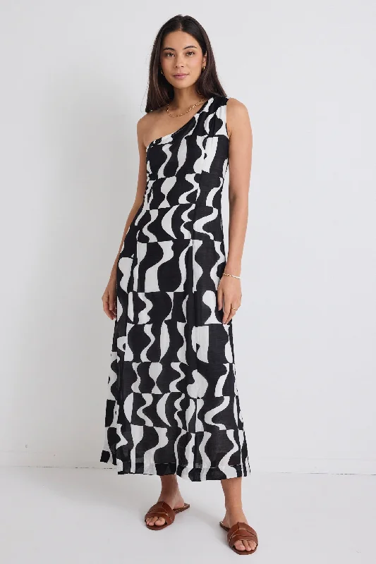 Maxi Dresses for Spring Chill -Conscious Black Wave Print One Shoulder Maxi Dress