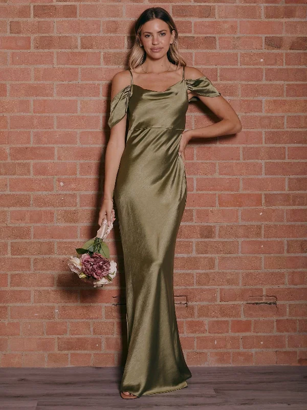 Cross-Back Maxi Dresses -Cowl Neck Maxi Satin Bridesmaid Dress / Olive Green