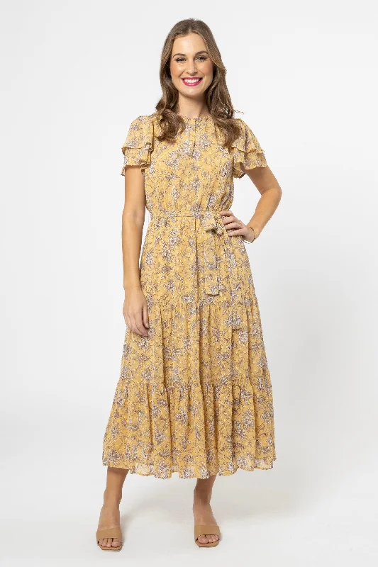 Swing-Skirt Maxi Dresses -Cruise Gold Garden Floral Tiered Maxi Dress