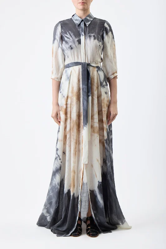 Maxi Dresses for Patio Chill -Daisy Pleated Maxi Shirtdress in Camel Multi Tie Dye Cashmere Silk Gauze