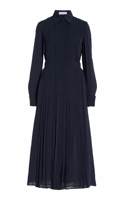 Draped-Sleeve Maxi Dresses -Delphine Maxi Shirtdress in Dark Navy Silk Georgette Twill