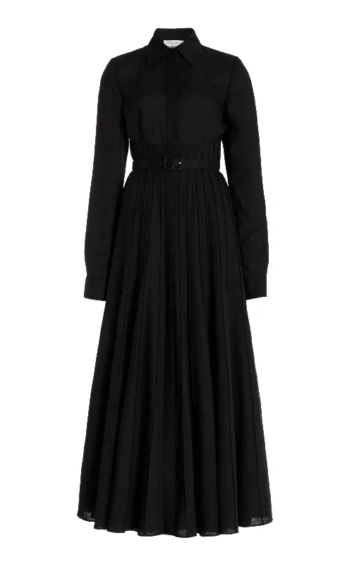 Flared-Back Maxi Dresses -Dewi Pleated Maxi Shirtdress in Black Aloe Linen