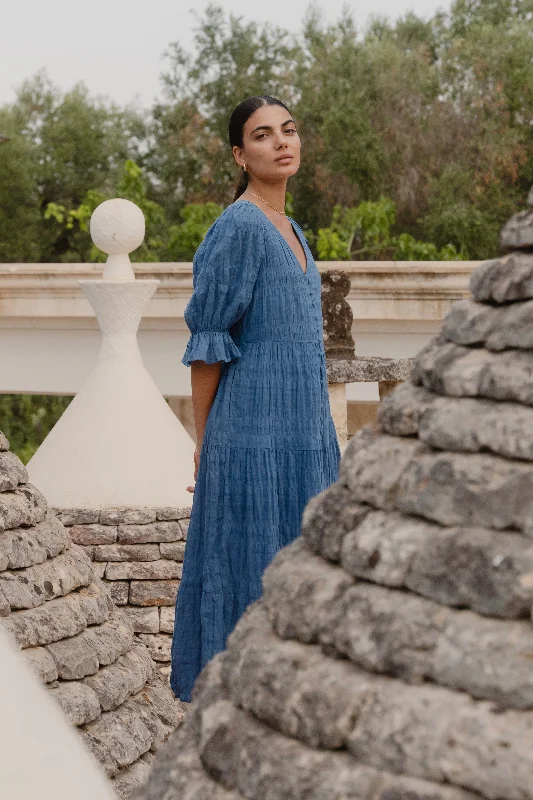 Maxi Dresses for Rooftop Nights -Dreamy Steel Blue Bubble SS Button Front Tiered Maxi Dress