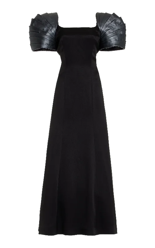 Trapeze-Style Maxi Dresses -Duchess Maxi Dress in Black Silk Satin with Metallic Nappa Leather Shoulders