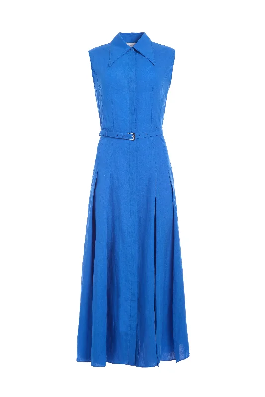 Knit-Cotton Maxi Dresses -Durand Pleated Maxi Shirtdress in Sapphire Aloe Linen