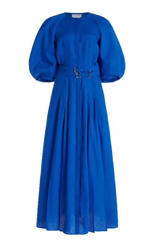 Glossy-Satin Maxi Dresses -Elea Pleated Maxi Dress in Sapphire Aloe Linen