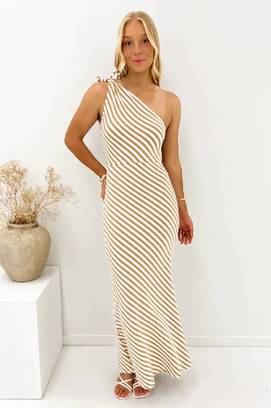 Side-Button Maxi Dresses -Ellis Maxi Dress Tan Stripe