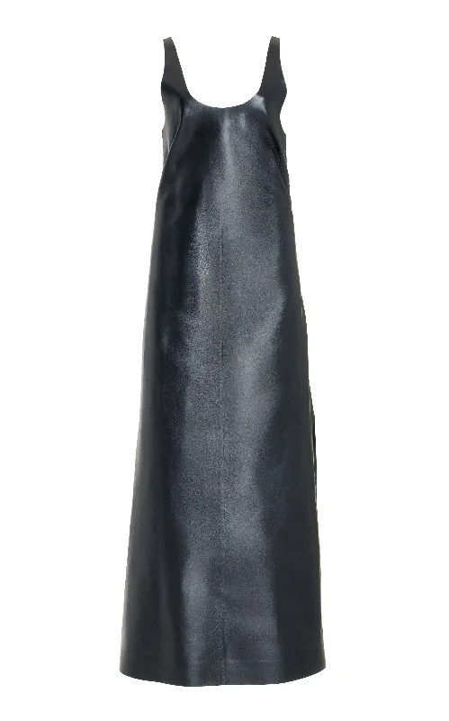 Plush-Silk Maxi Dresses -Ellson Maxi Dress in Black Metallic Nappa Leather