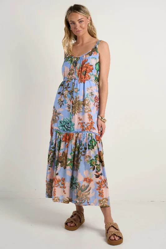 Maxi Dresses for Game Nights -Estela Blue Floral Strappy Floaty Maxi Dress