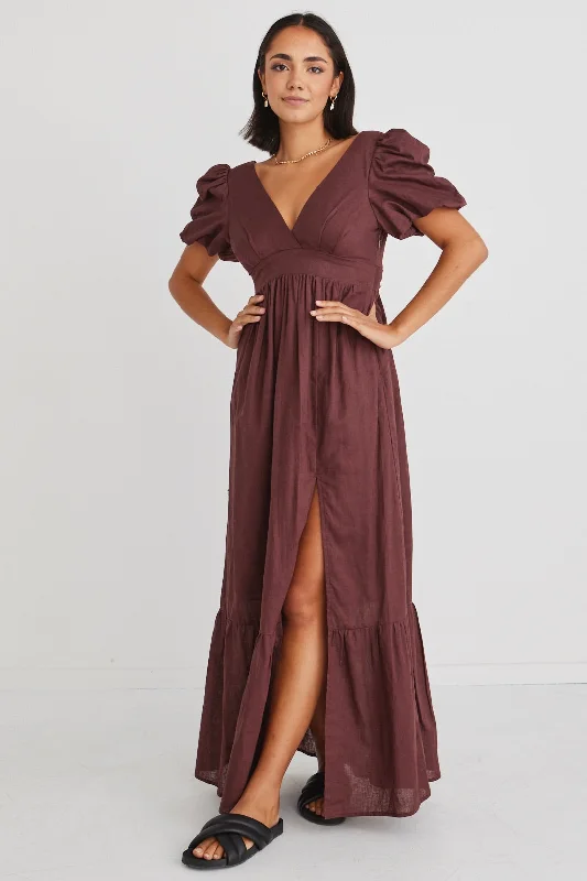 Ruffled-Edge Maxi Dresses -Ever After Raisin Linen Puff Sleeve Maxi Dress