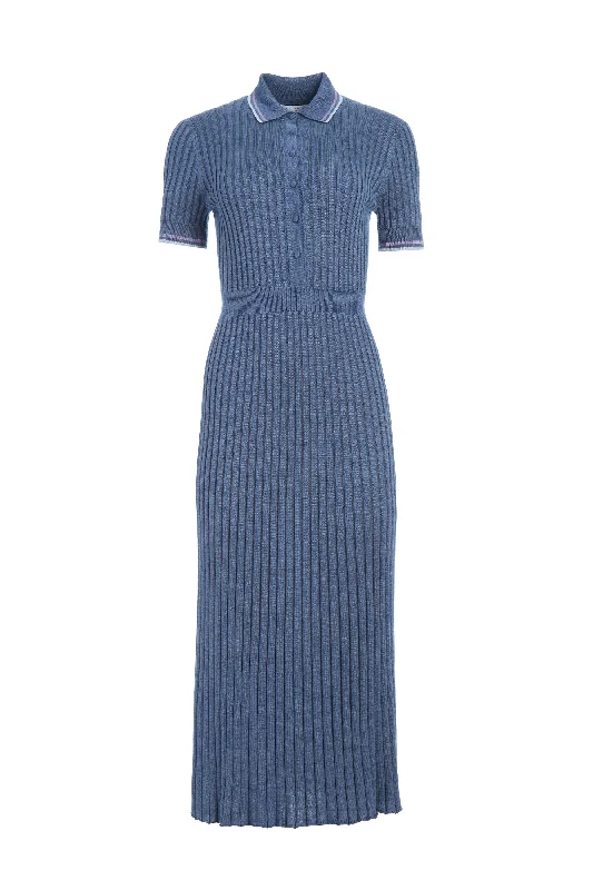 Maxi Dresses for Day Events -Eyot Knit Maxi Dress in Denim Blue Cashmere Silk