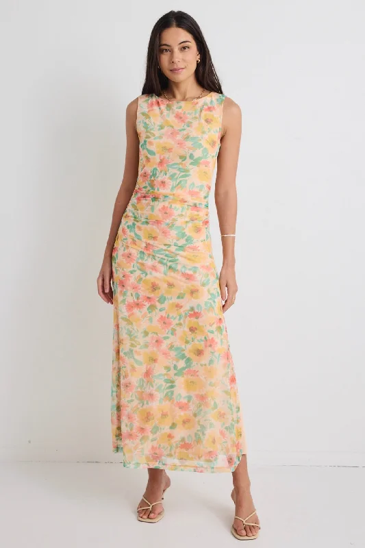 Side-Ruffle Maxi Dresses -Fast Golden Floral Mesh Boat Neck Sleeveless Maxi Dress