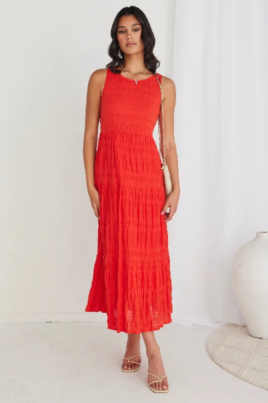 Maxi Dresses for Game Nights -Florentena Sunset Shirred Cotton Sleeveless Tiered Maxi Dress