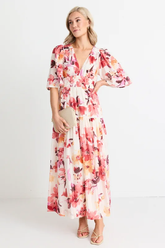 Smooth-Texture Maxi Dresses -Fluent Vintage Blush Floral Flutter Sleeve Tiered Maxi Dress