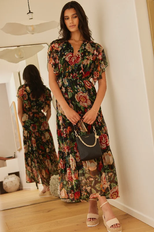 Swing-Hem Maxi Dresses -Flutter Black Floral Floaty Sleeve Maxi Dress