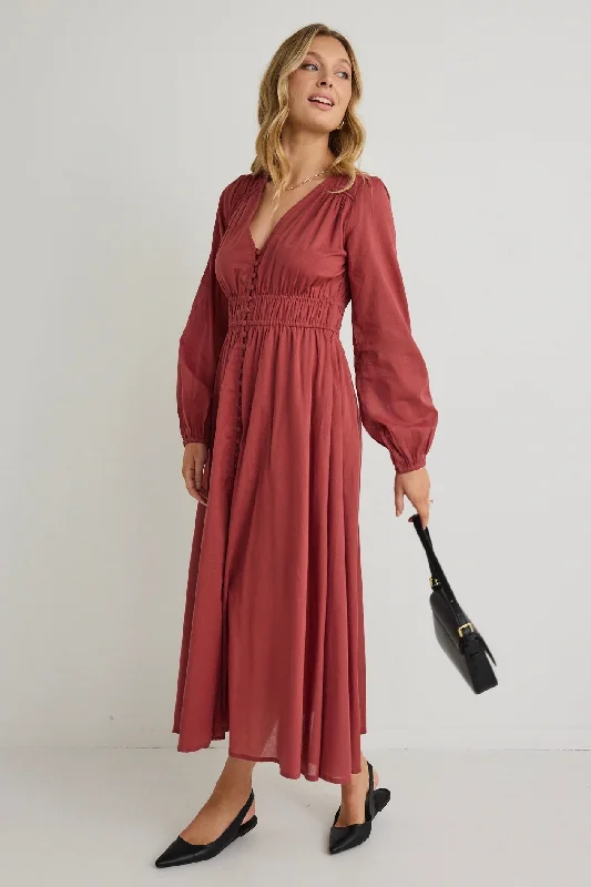 Maxi Dresses for Fall Chill -Gala Clay LS Button Front Tiered Maxi Dress