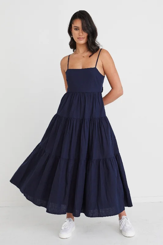 Maxi Dresses for Park Dates -Galaxy Navy Linen Tie Back Tiered Strappy Maxi Dress