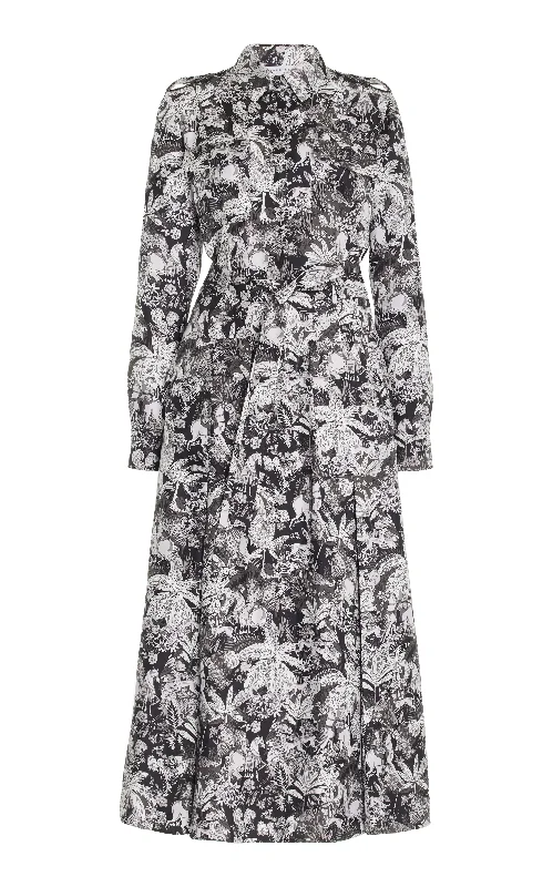 Pleated-Back Maxi Dresses -Galway Maxi Shirtdress in Grey Scale Printed Silk Twill