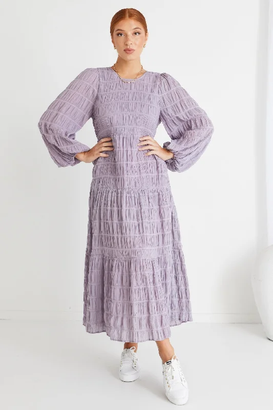 Earthy-Tone Maxi Dresses -Gigi Lilac LS Tiered Maxi Dress