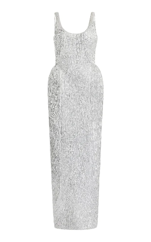 High-Neck-Design Maxi Dresses -Girard Shirred Maxi Dress with Lining in Silver Metallic Nappa Leather