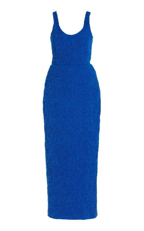 Fine-Print Maxi Dresses -Girard Shirred Maxi Dress in Sapphire Aloe Linen