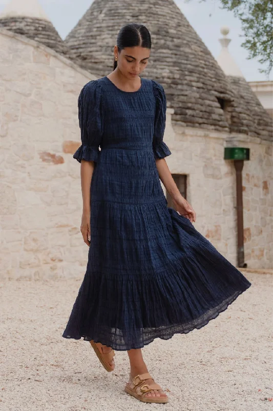 Long-Hemline Maxi Dresses -Gratitude Navy Bubble SS Tiered Maxi Dress