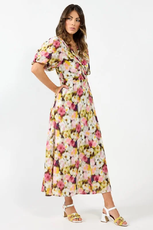 Earthy-Tone Maxi Dresses -Halo Pink Monet Puff Sleeve Maxi Dress