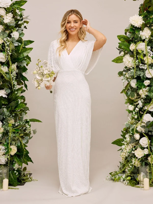 Bell-Hem Maxi Dresses -Angel Sleeve Sequin Maxi Bridal Dress / White Sequin