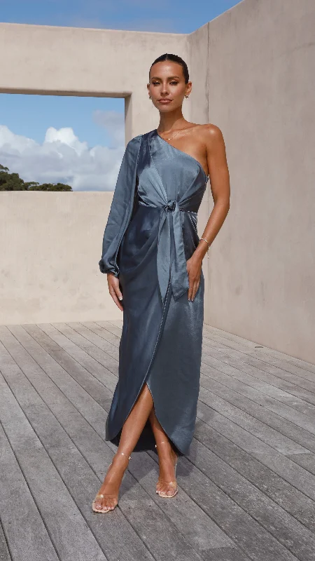 Maxi Dresses for Fall Parties -Heidi One Shoulder Maxi Dress - Slate Blue