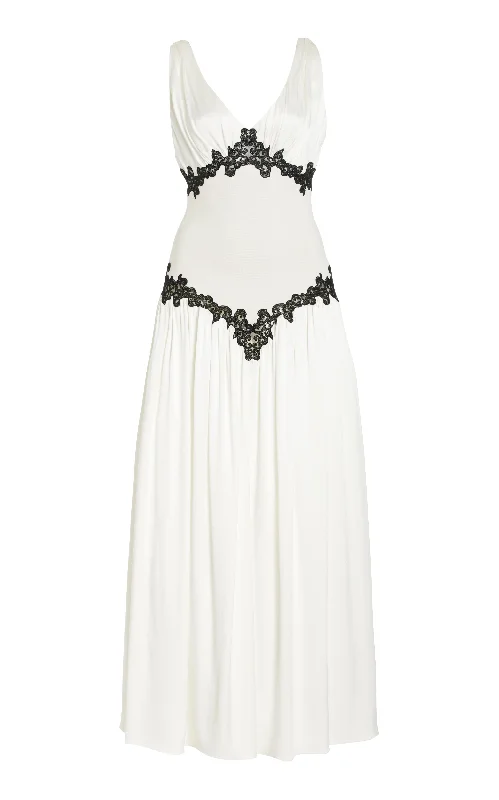 Glitter Maxi Dresses for Shine -Highland Lace Maxi Dress in Ivory Silk Satin