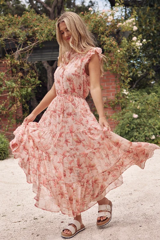 Maxi Dresses for Day Outings -Infatuation Peach Paradise Floral Flutter Sleeve Tiered Maxi Dress