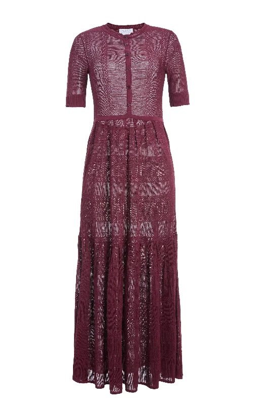 Bold-Print Maxi Dresses -Iris Pointelle Knit Pleated Maxi Dress with Slip in Bordeaux Cotton Silk