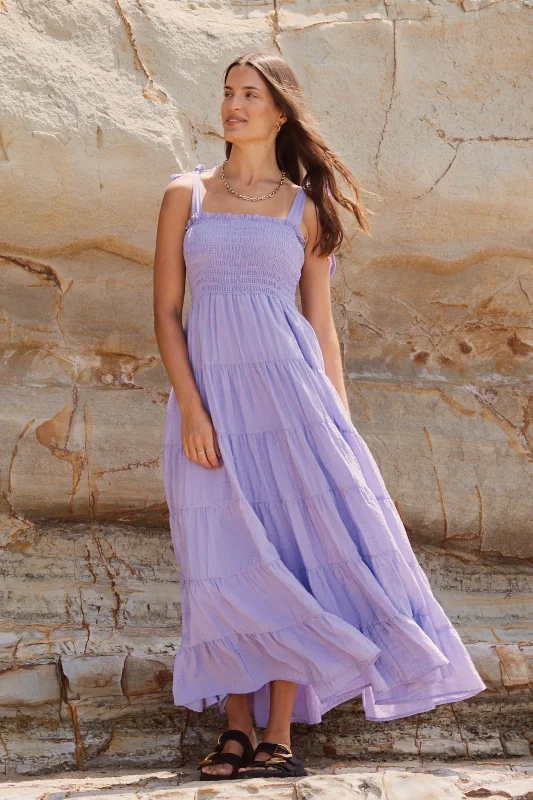 Bold-Floral Maxi Dresses -Isabella Lavender Strappy Tiered Maxi Dress