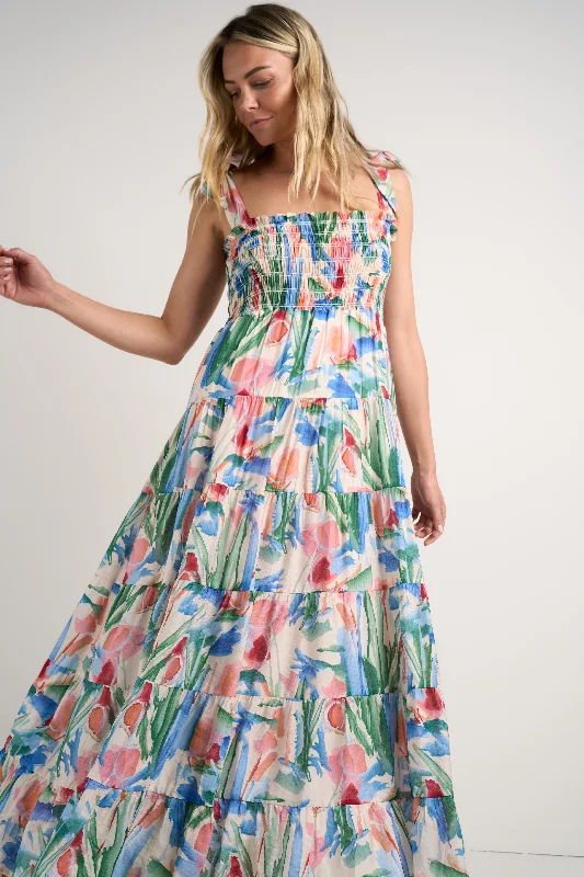 Textured Maxi Dresses -Isabella Watercolour Strappy Tiered Maxi Dress