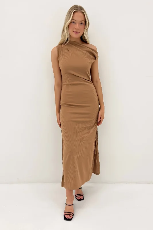 Subtle-Pattern Maxi Dresses -Jayden Ribbed Maxi Dress Latte