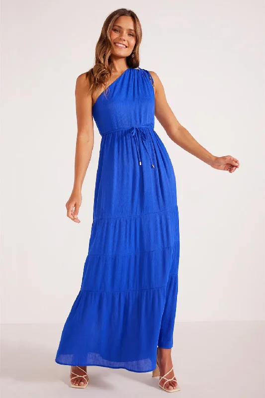 Thin-Wool Maxi Dresses -Kameo Cobalt One Shoulder Maxi Dress