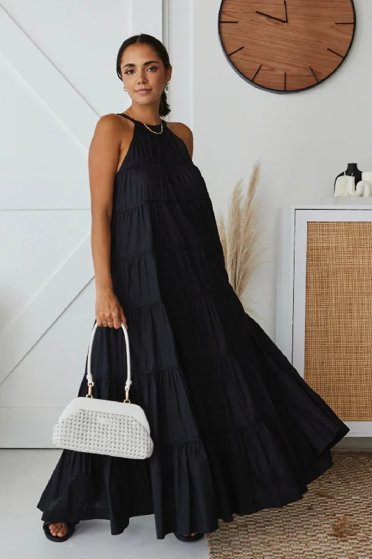 Matte-Velvet Maxi Dresses -Kaye Black Cotton Sleeveless High Neck Tiered Maxi Dress