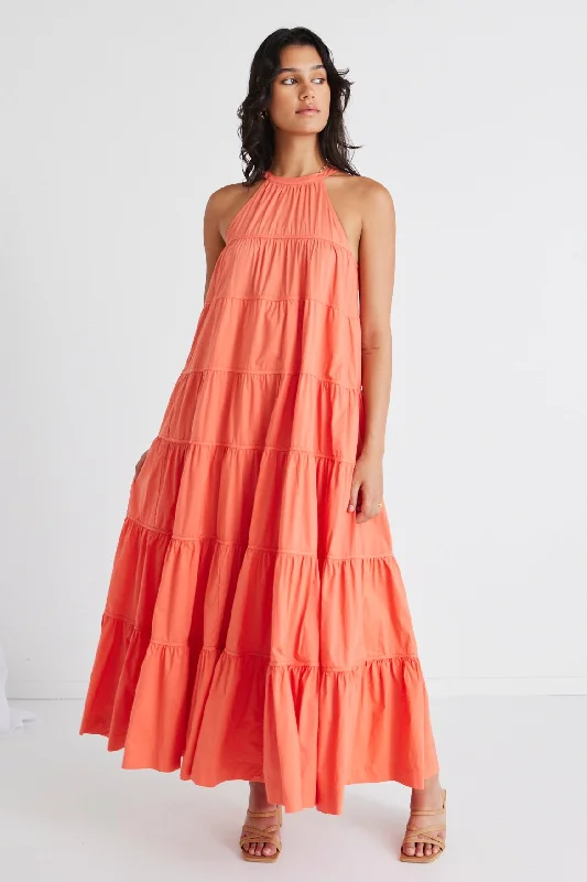 Pure-Cotton Maxi Dresses -Kaye Watermelon Sleeveless High Neck Tiered Maxi Dress