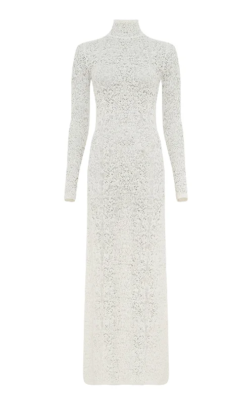 Zippered Maxi Dresses for Style -Lethe Pointelle Knit Maxi Dress in Ivory Virgin Wool Silk