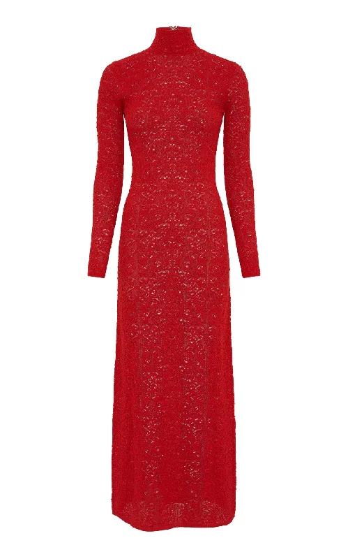 Cold-Shoulder Maxi Dresses -Lethe Pointelle Knit Maxi Dress in Scarlet Red Virgin Wool Silk