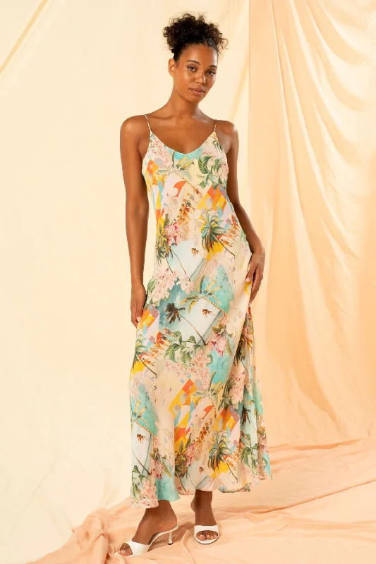 Side-Button Maxi Dresses -Lia Blue Multi Print Strappy Maxi Dress