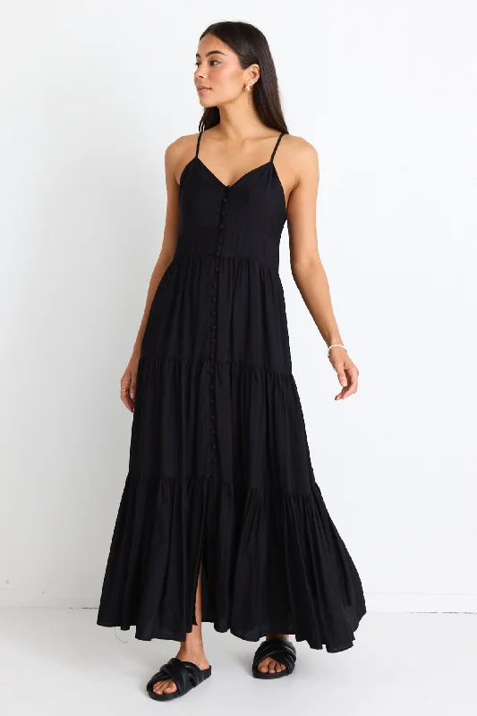 Open-Back Maxi Dresses -Lilibet Black Strappy Button Front Maxi Dress