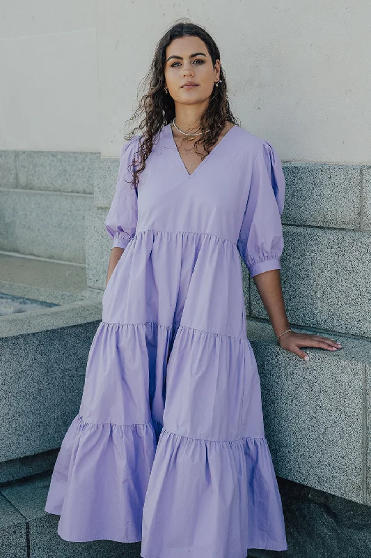 Maxi Dresses for Spring Chill -Clarity Lilac Puff Sleeve Tiered Maxi Dress