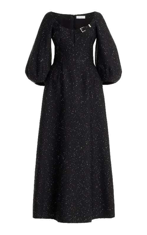 Maxi Dresses for Lunch Events -Madyn Sequin Maxi Dress in Black Virgin Wool